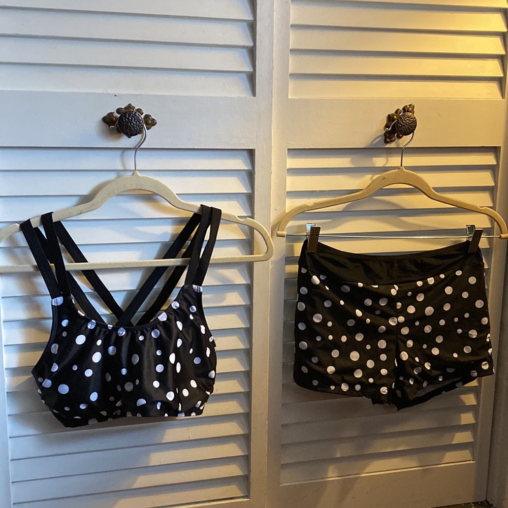 NWOT Yonique SM Black & White Polka Dot 3 Piece Tankini - Picture 5 of 16